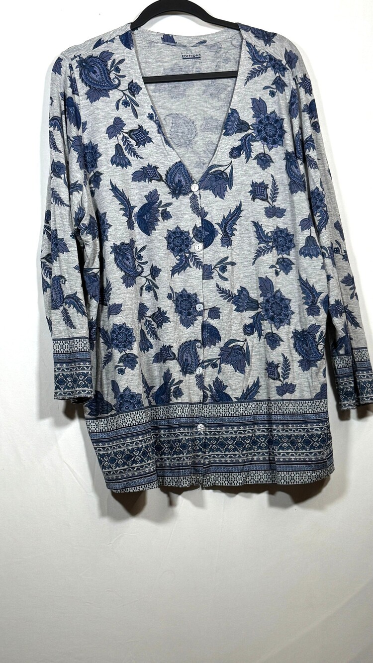 Basic Editions 2X Long Sleeve Shirt Blue Floral Cotton Polyester Blend